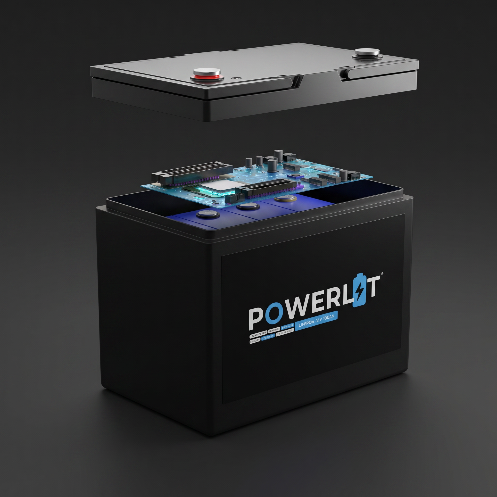 Powerlit 12V 100Ah LiFePO4 accu met losse deksel, BMS is zichtbaar