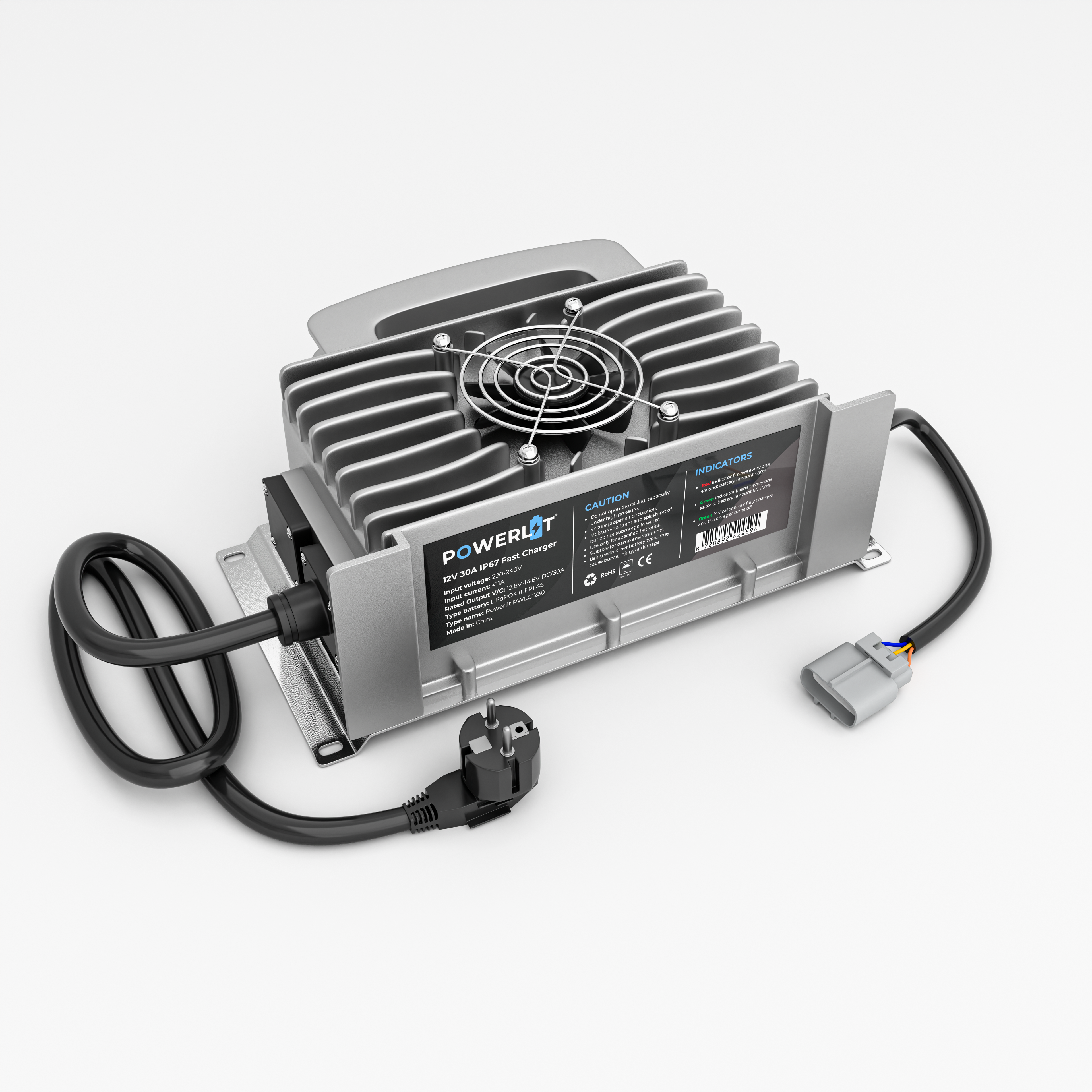 Powerlit® 12V 30A Lithium LiFePO4 Acculader – Waterdicht – Lader voor Boot, Camper, Heftruck en Golfkar