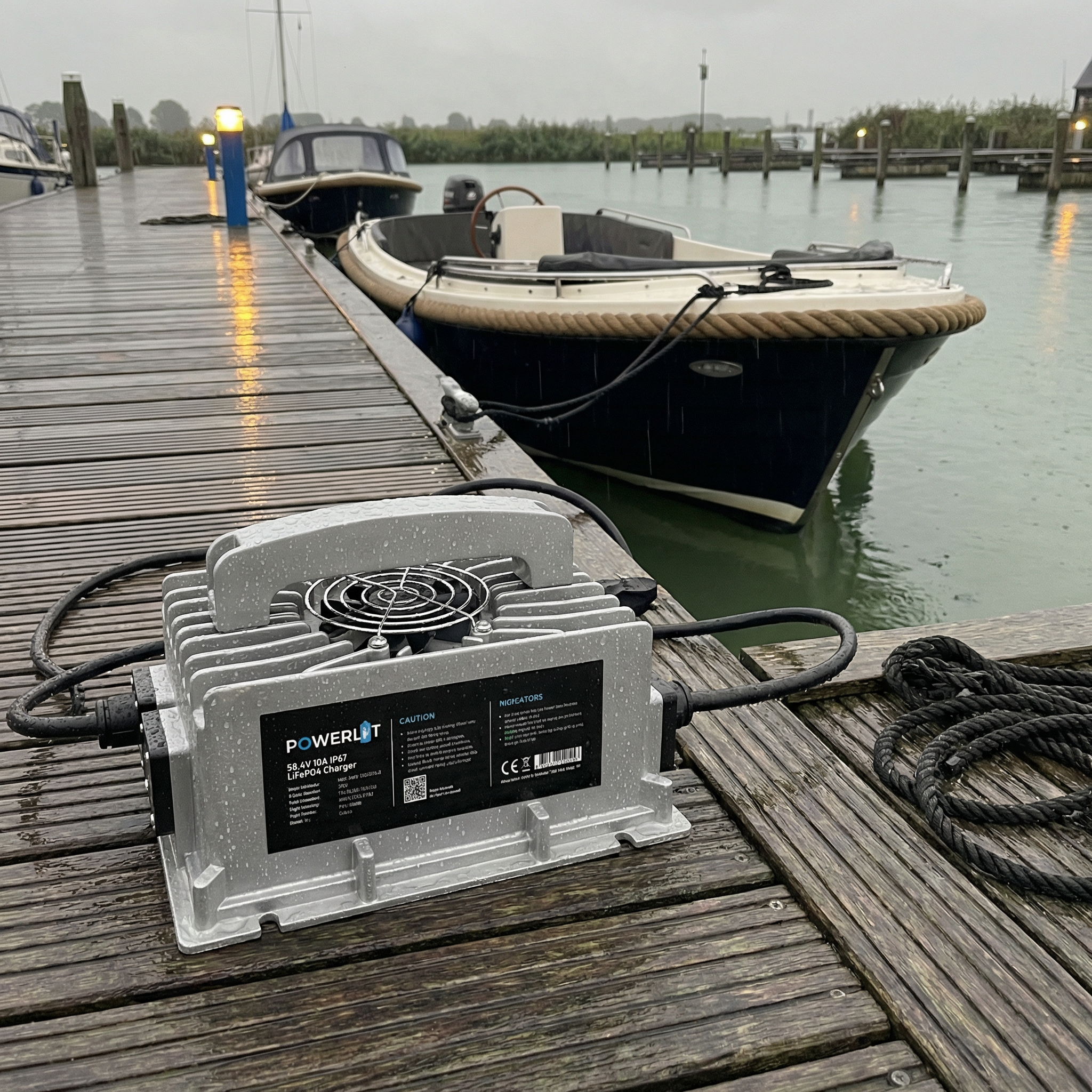Powerlit 48V acculader op de kade - Nat van de regen - Dichtbij het water